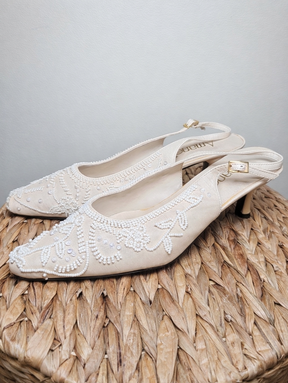 AMANDA Y2K Vintage Phoebe Ivory Beaded Slingback Kitten Heels Bridal Wedding